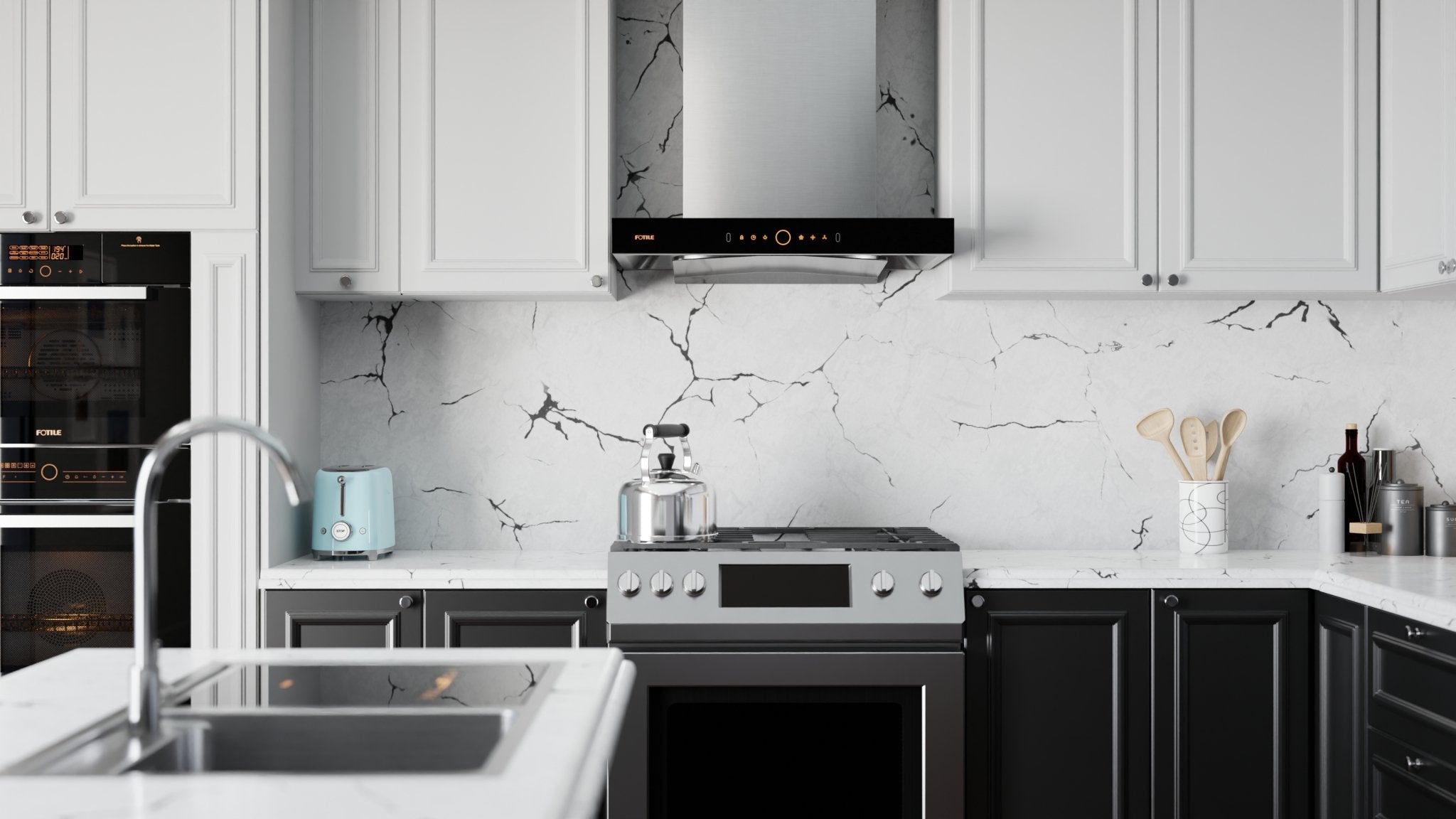 Stainless wall mount range hood over stove with black underside control strip