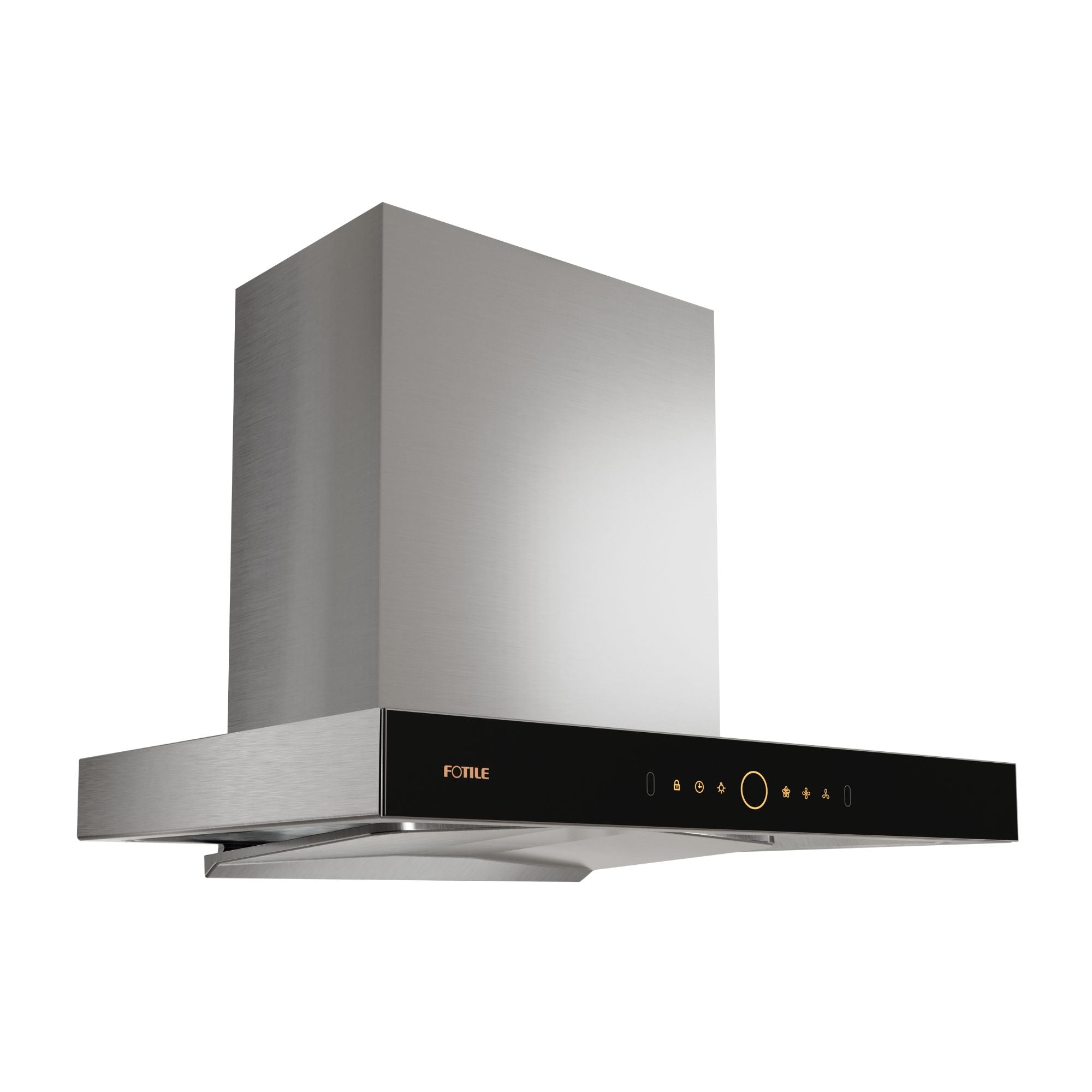 Stainless steel and black wall-mount range hood with chimney duct and wide canopy
