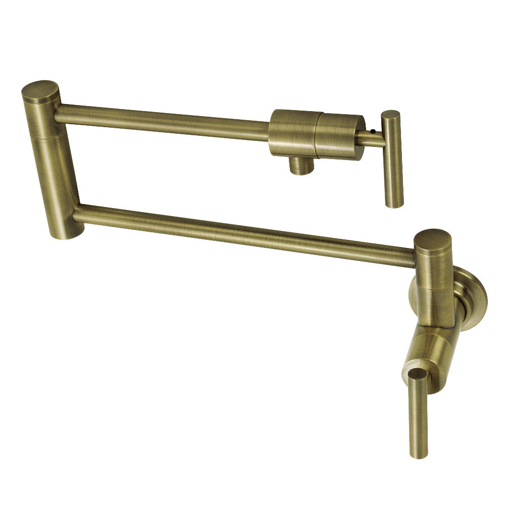Wall mount pot filler faucet in antique brass finish, with curved spout and controls