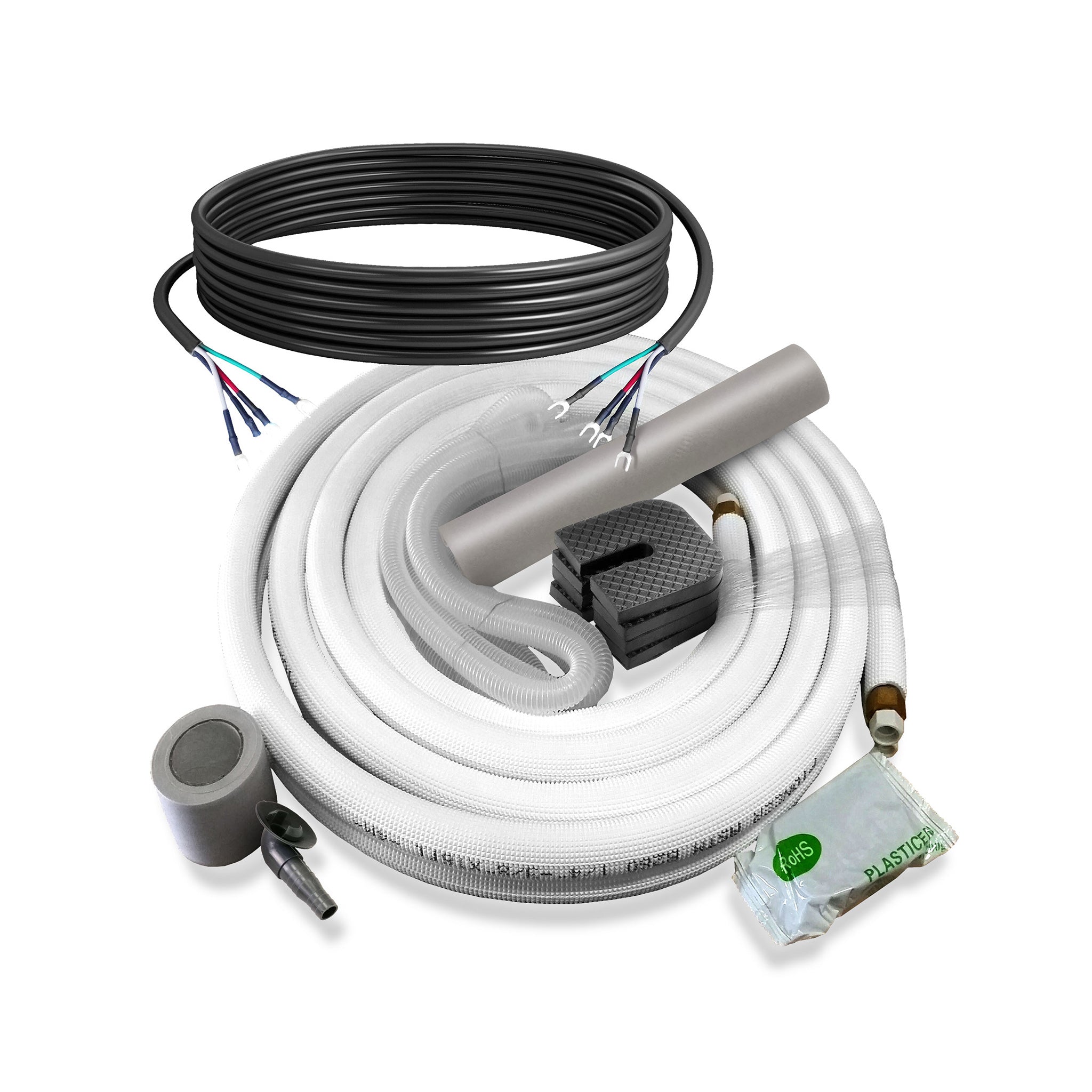 Refrigerant line set with insulated white tubing, wiring bundle, and small accessories