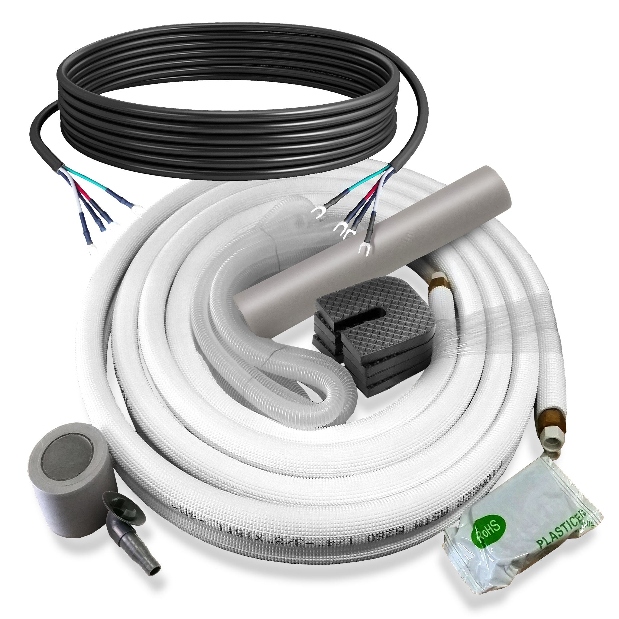 Insulated copper lineset with black tubing and electrical connectors for ductless mini-split