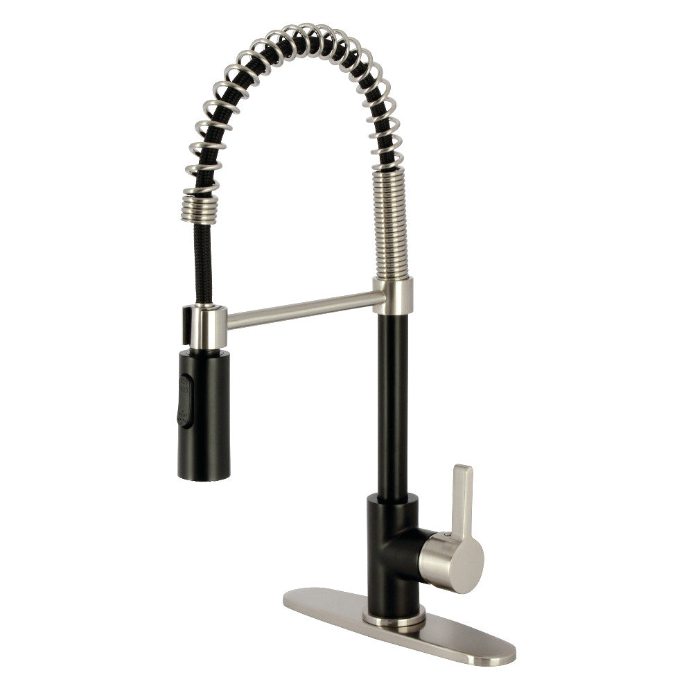 Matte black and brushed nickel deck-mount pre-rinse kitchen faucet with pull-down hose