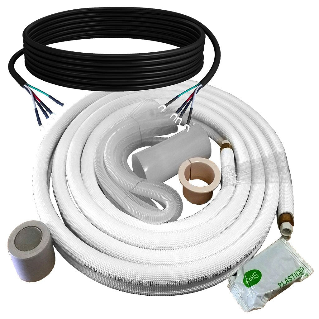 Ductless mini-split line set with insulated refrigerant hoses and small accessories