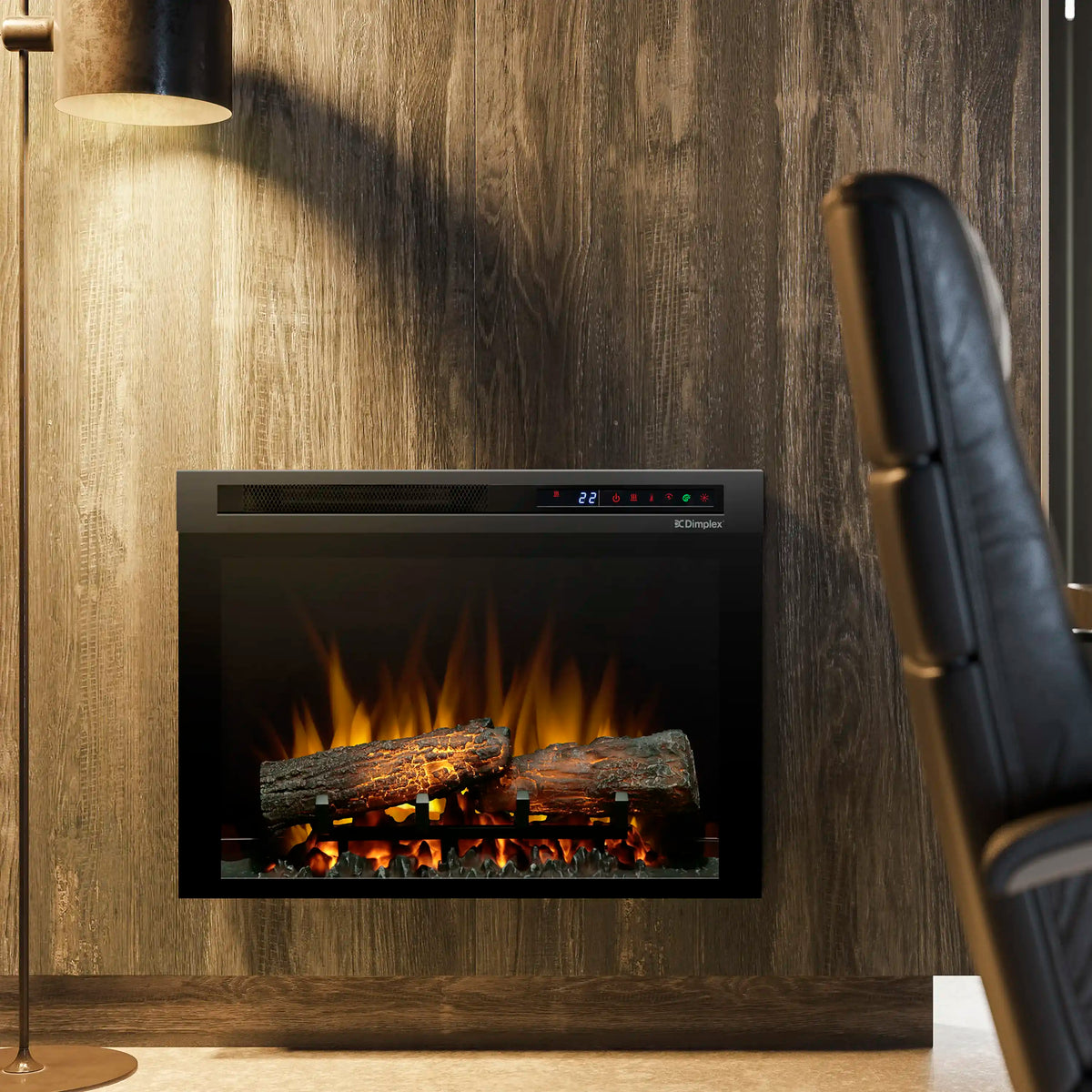 Inset electric firebox in wood wall panel with glowing logs and flame effect