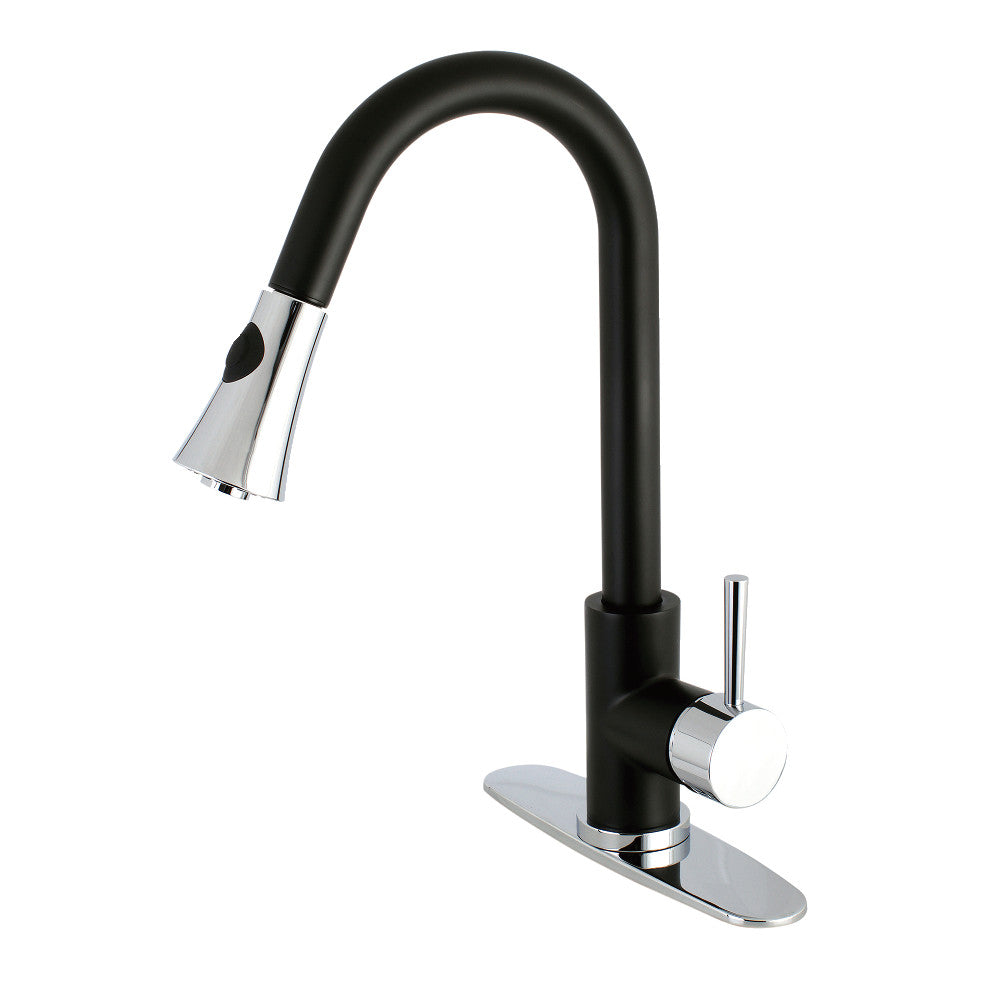 Matte black single-handle pull-down kitchen faucet with polished chrome base