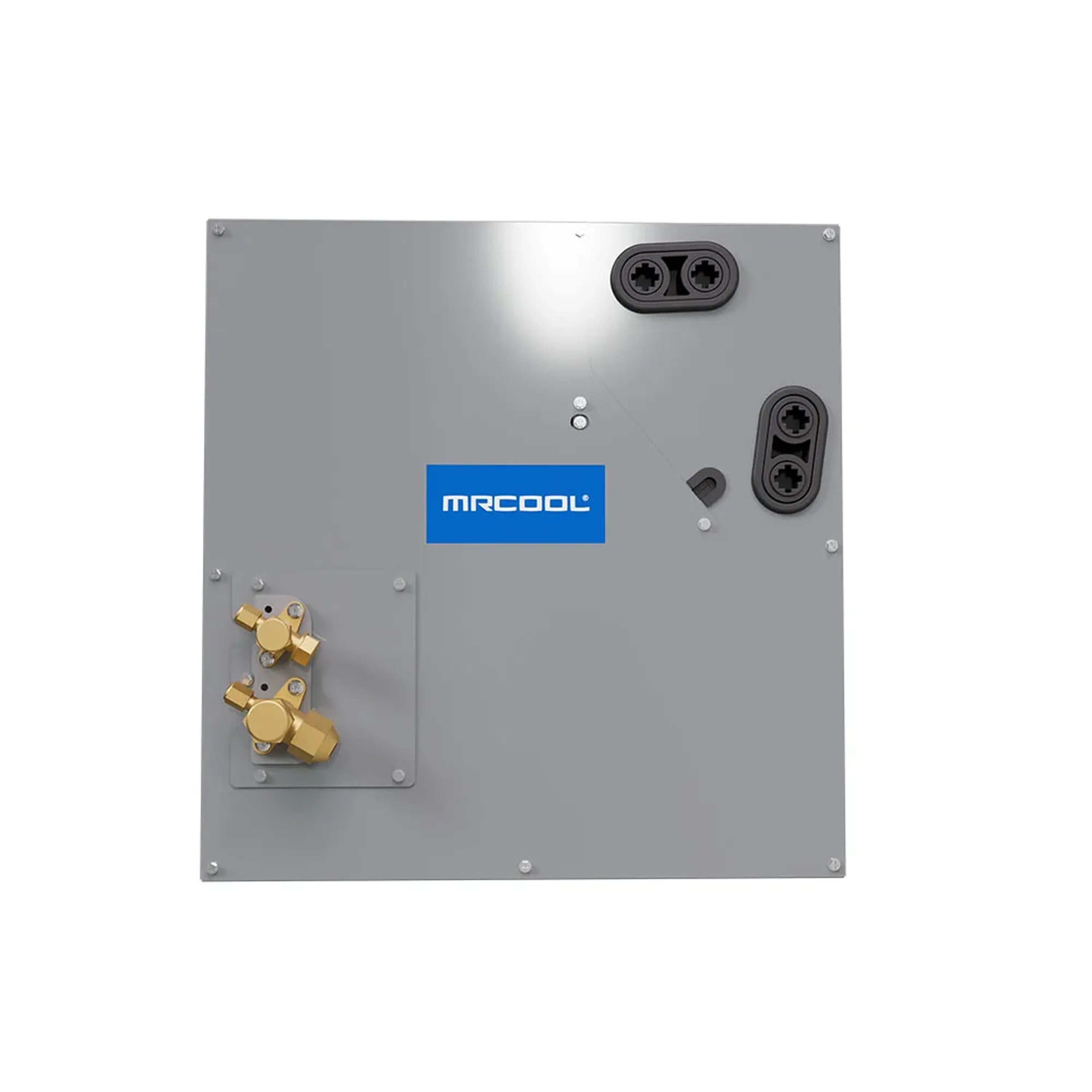 MRCOOL cased coil, gray enclosure with brass valve block and three circular connections