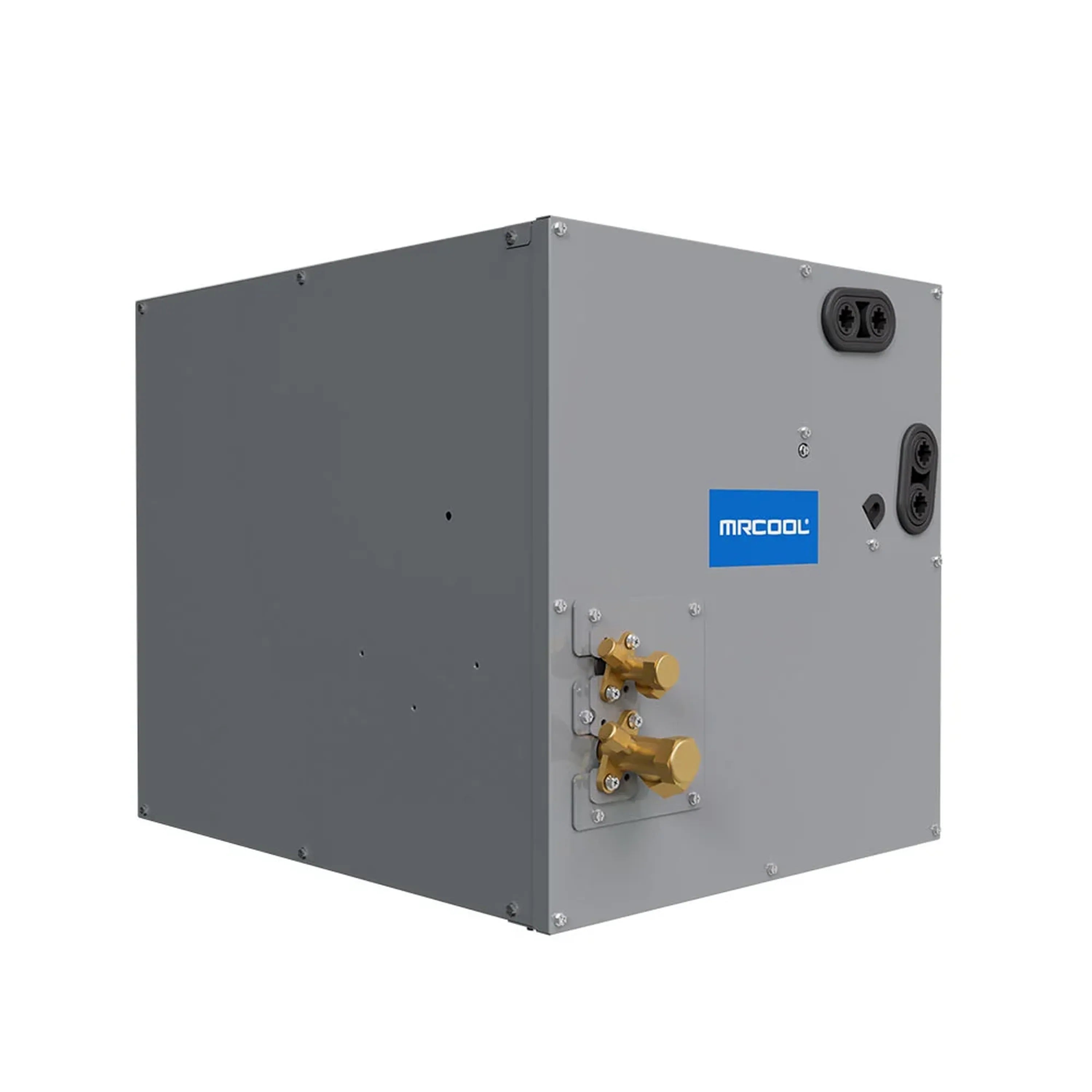 Gray cased coil unit side view with gold valve manifold and multi-port connections