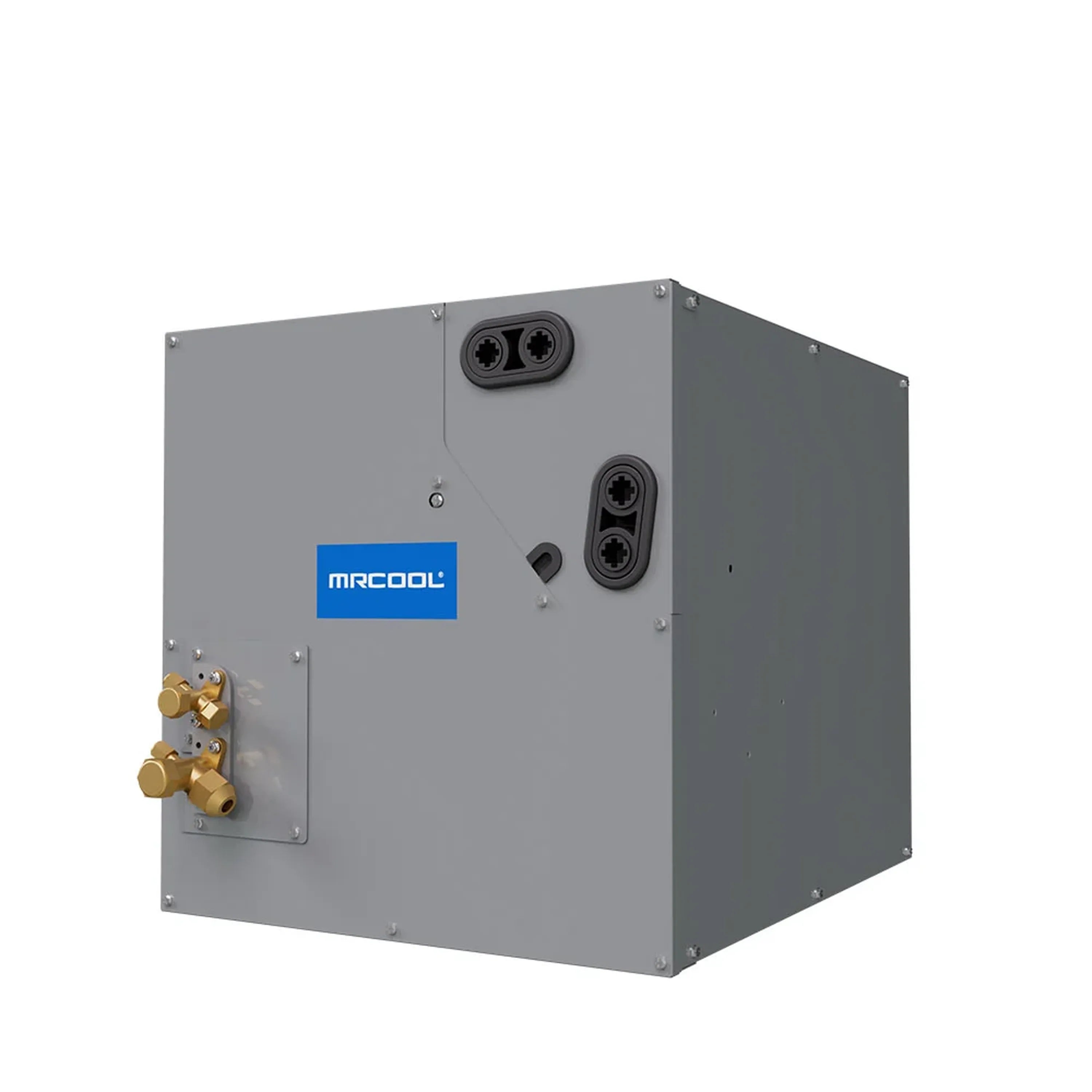MRCOOL cased coil unit side view with gold fittings and two black service port openings