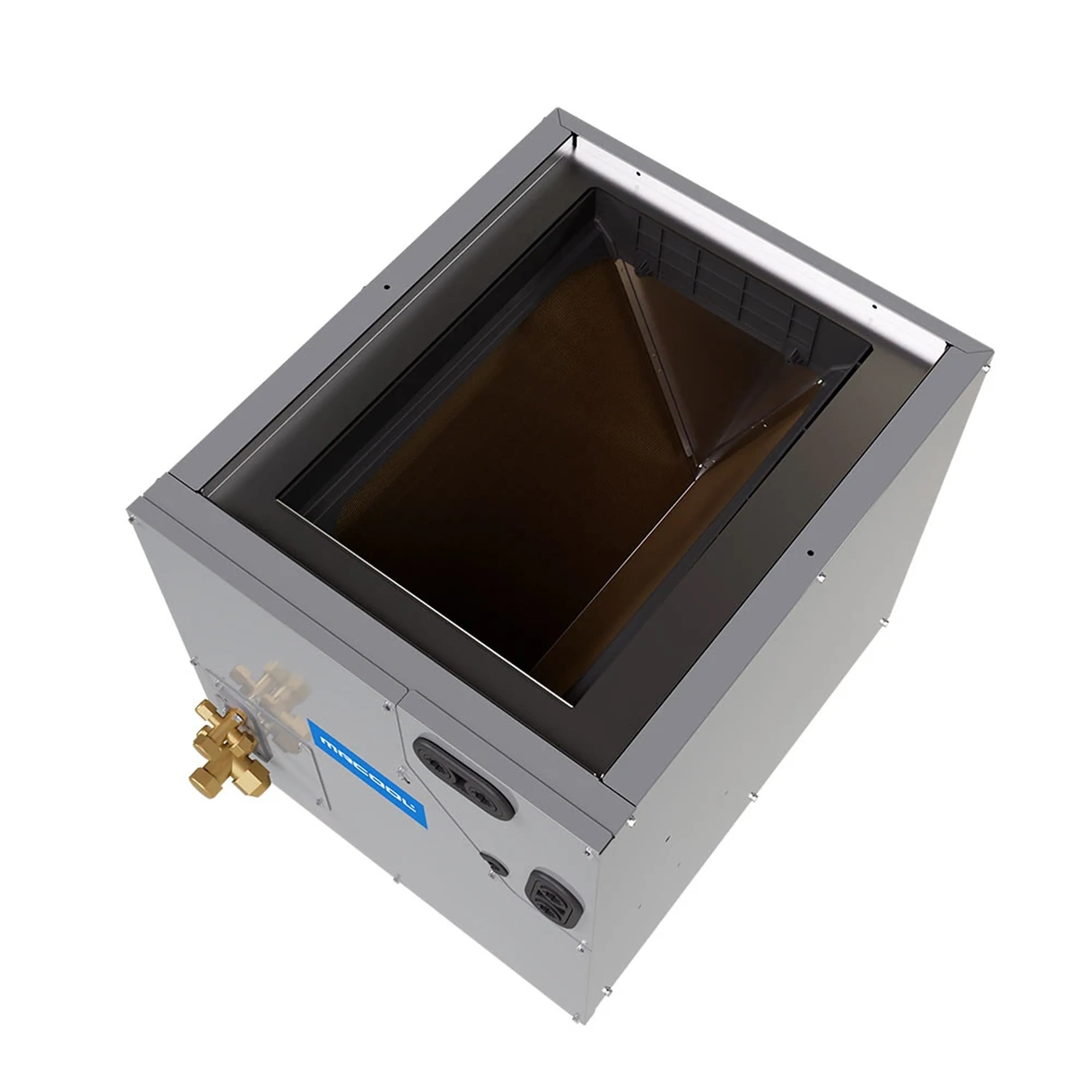 Gray cased coil unit with open top access, refrigerant port openings, valve parts