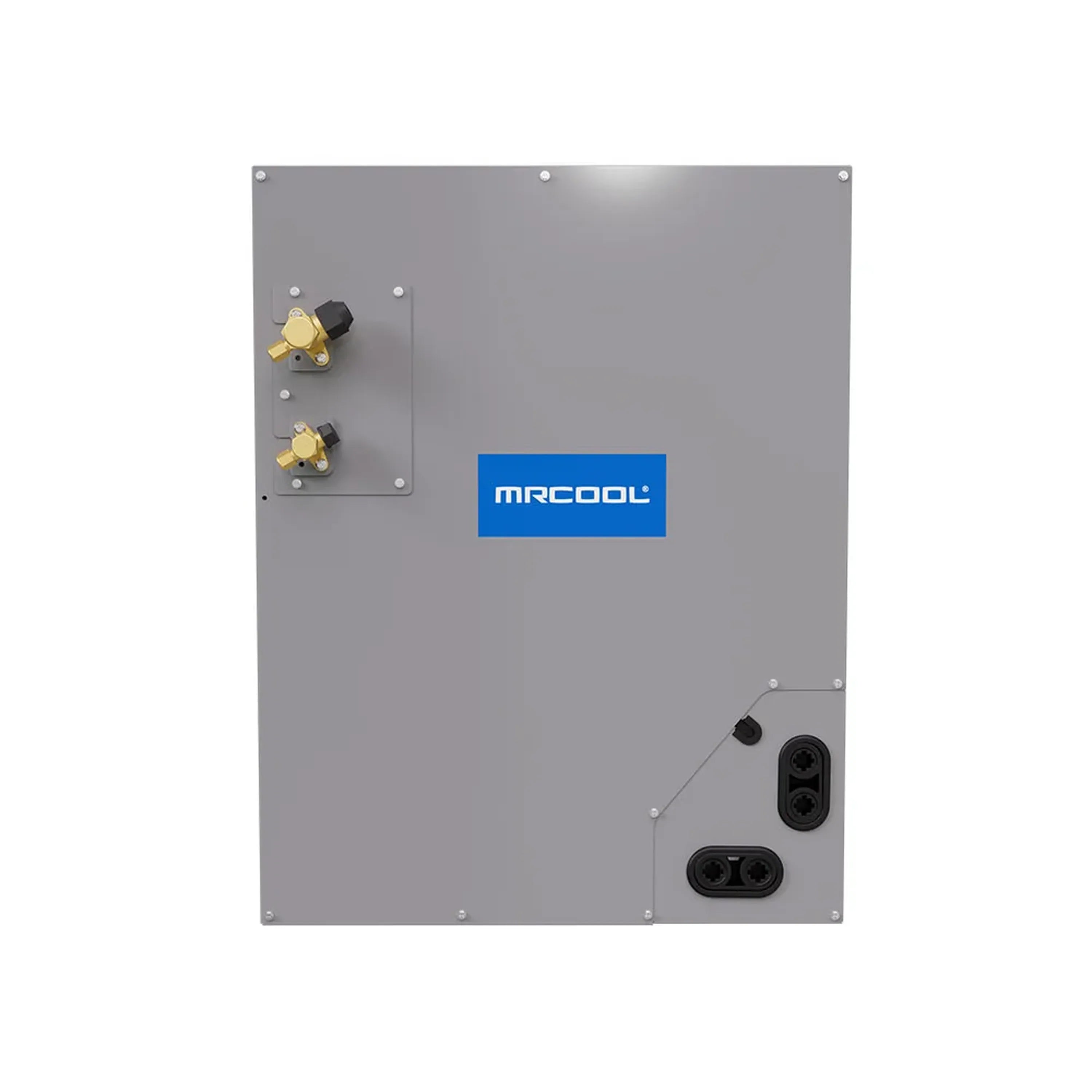 Grey metal cased coil unit with gold service valves, MRCOOL badge, and ports