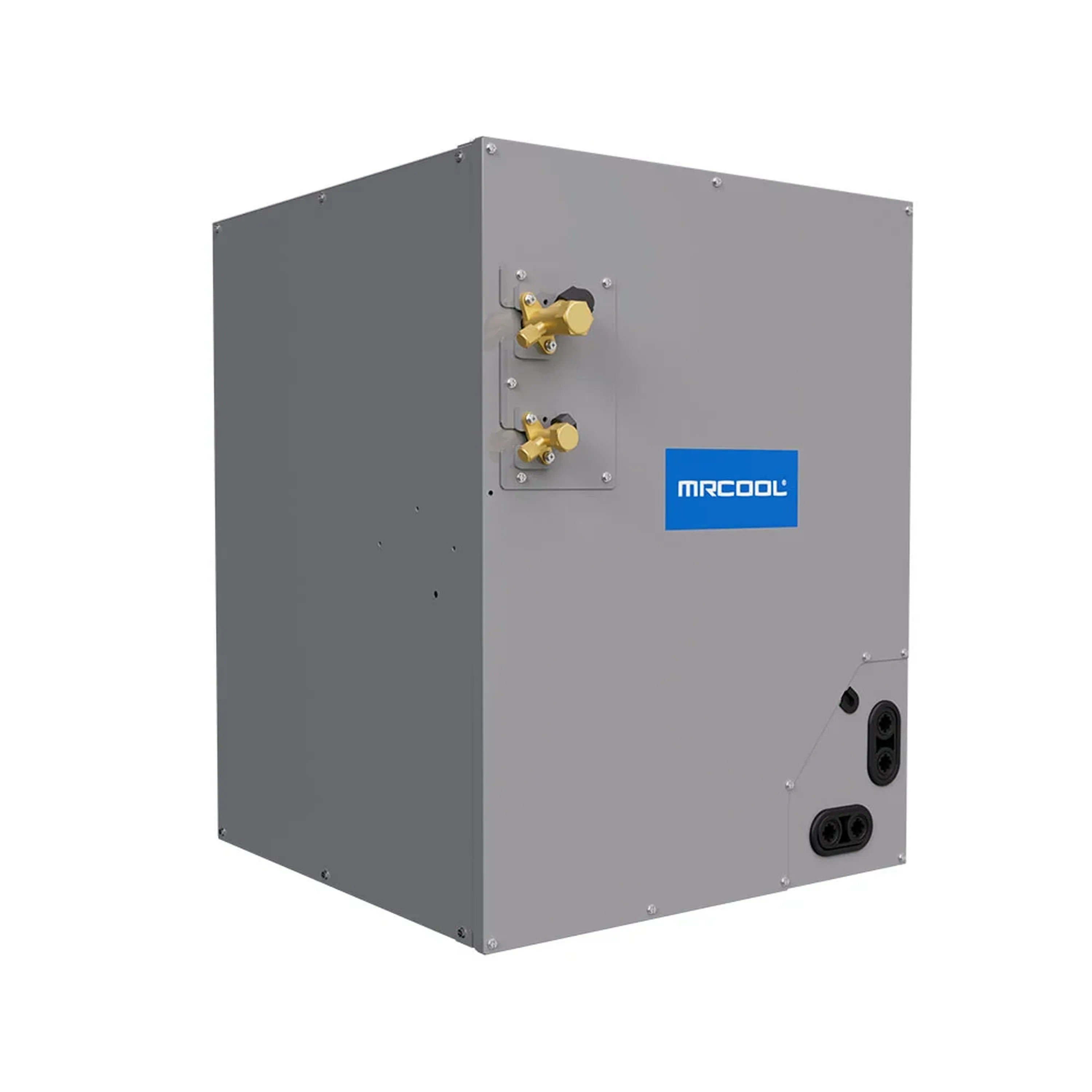 Grey metal cased coil unit with two service ports and MRCOOL logo label