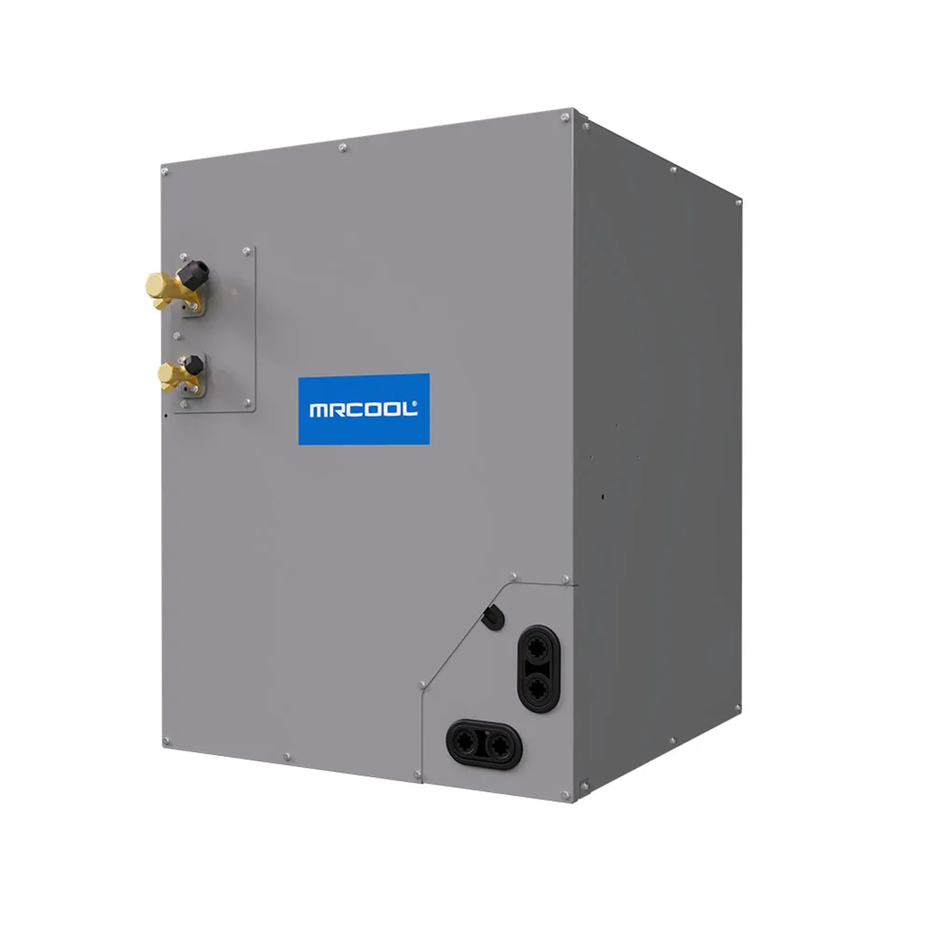 Grey metal cased coil unit with gold valves, MRCOOL badge, and dual ports