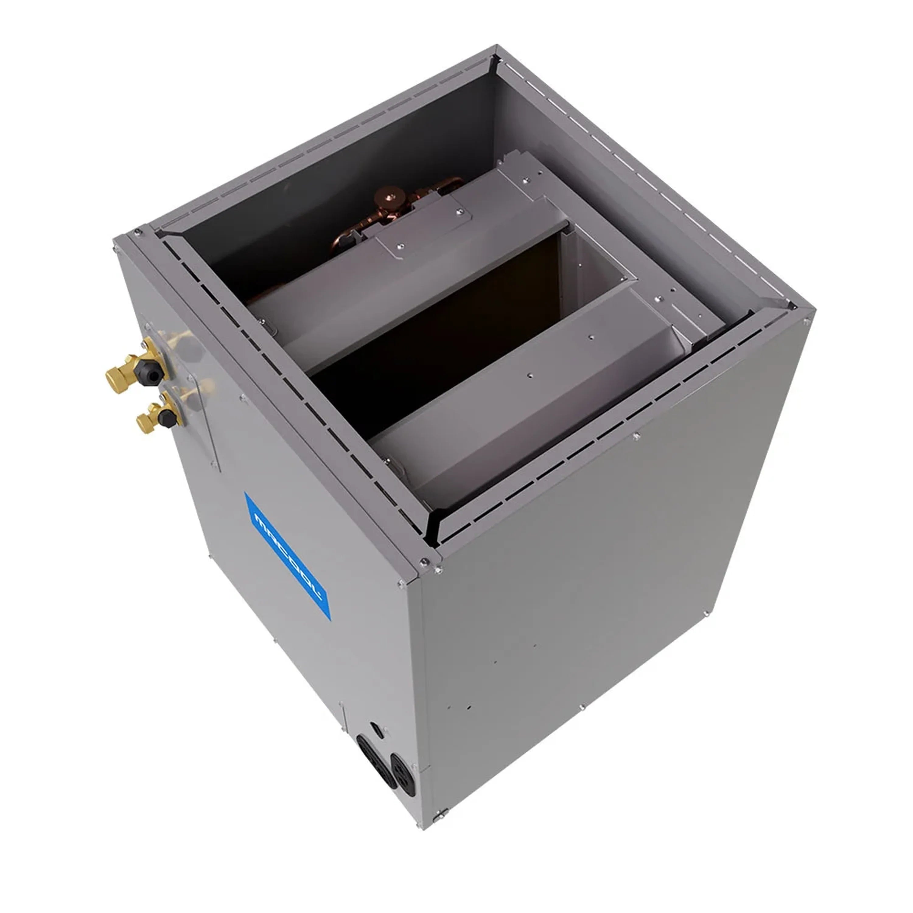 Grey metal cased coil unit with open top and side refrigerant fittings
