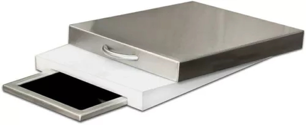 Vintage prep and waste chute with hinged lid, tray base, and dark waste opening
