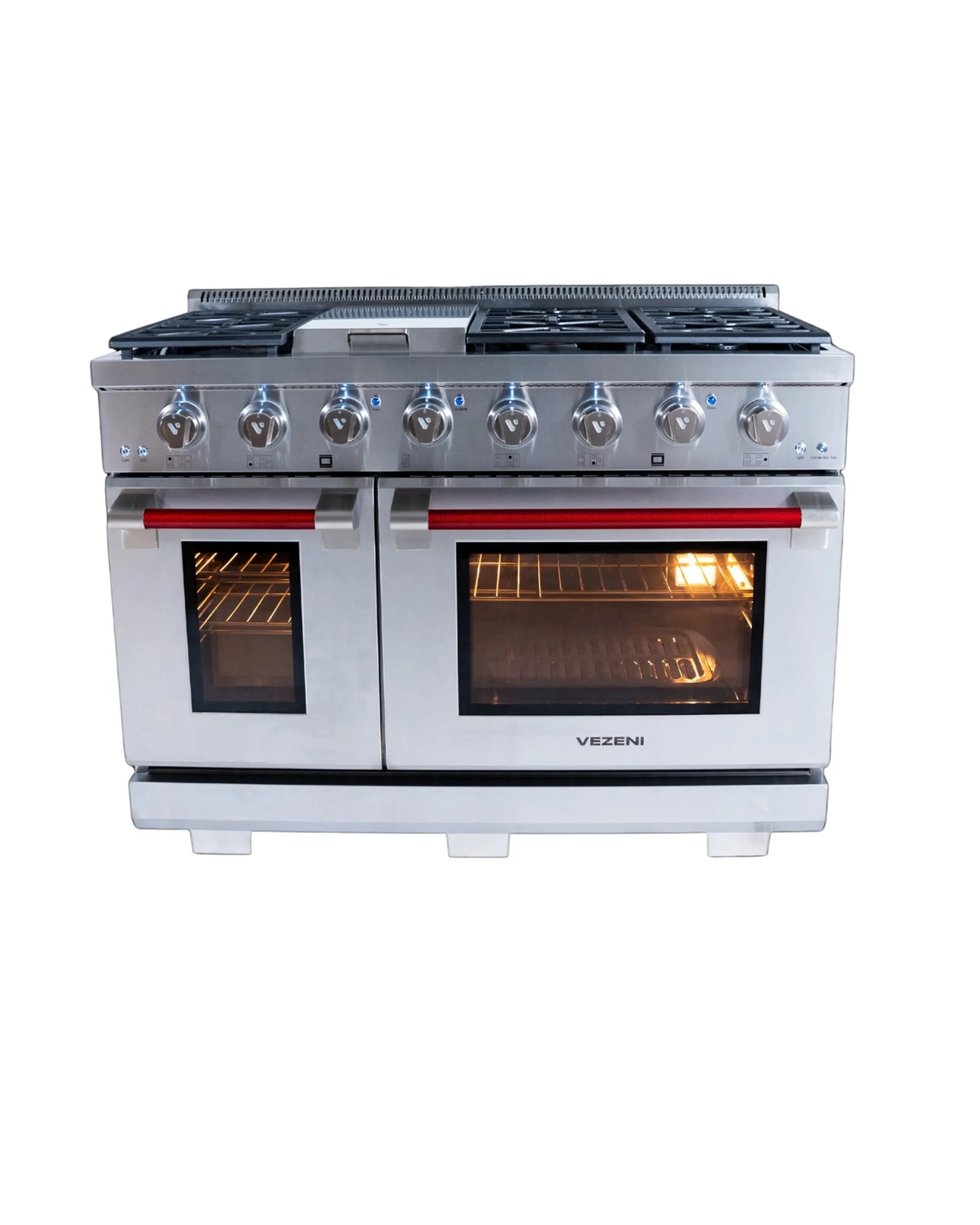 Stainless steel gas range with blue knobs, six burners, double ovens with glass doors