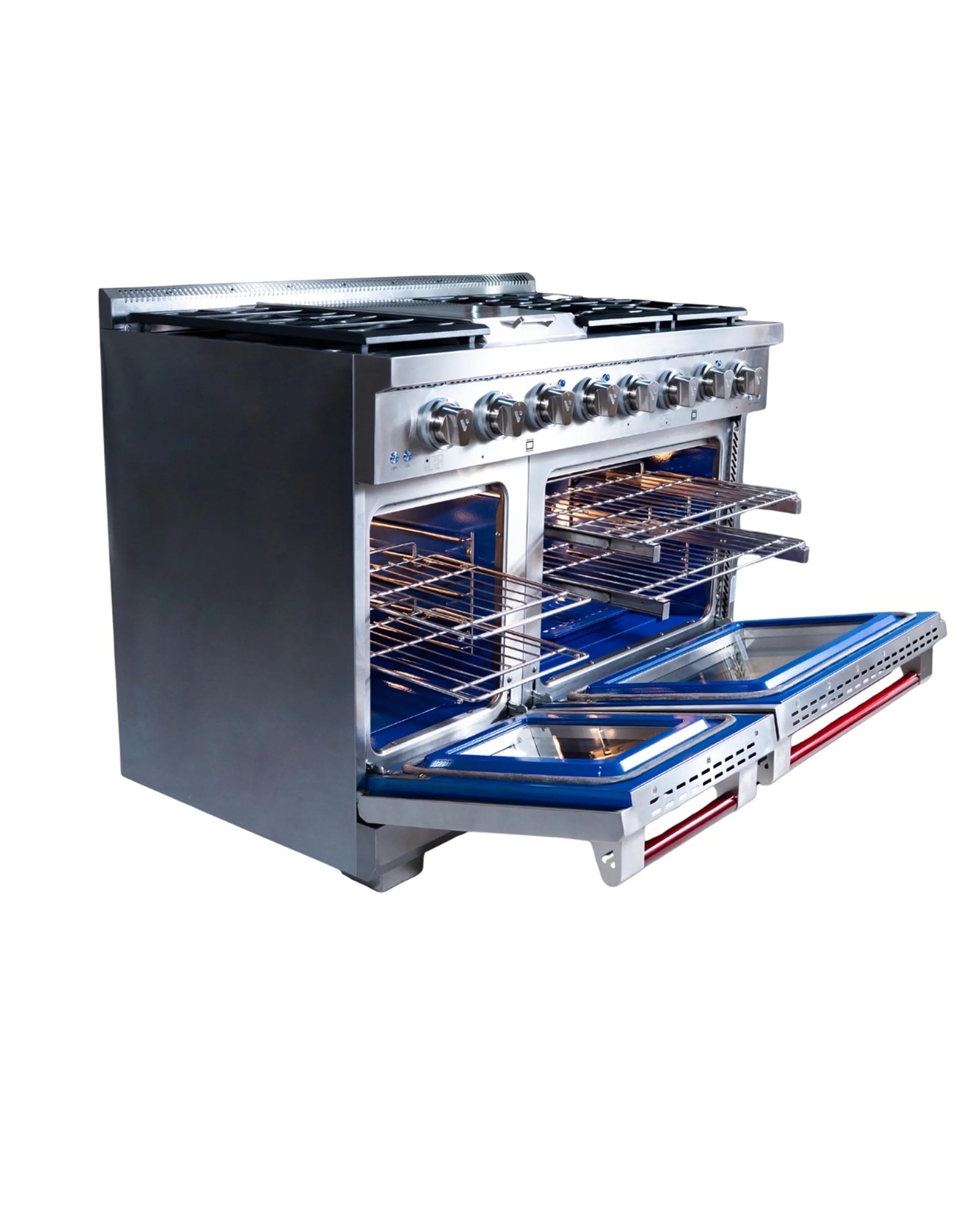 Stainless steel range with blue knobs and open ovens showing racks and glowing interior