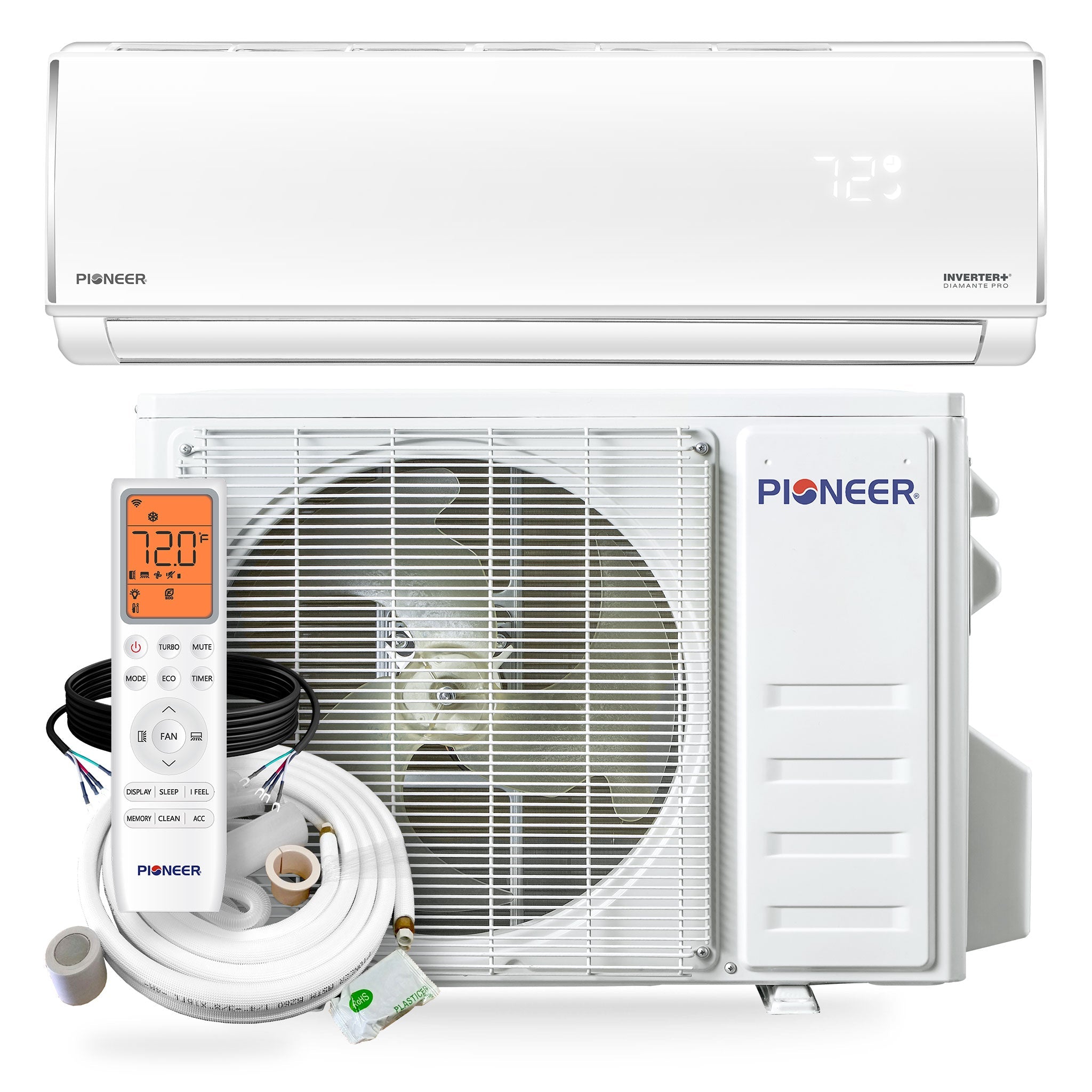 Ductless mini-split air conditioner set with wall unit, outdoor unit, and control kit