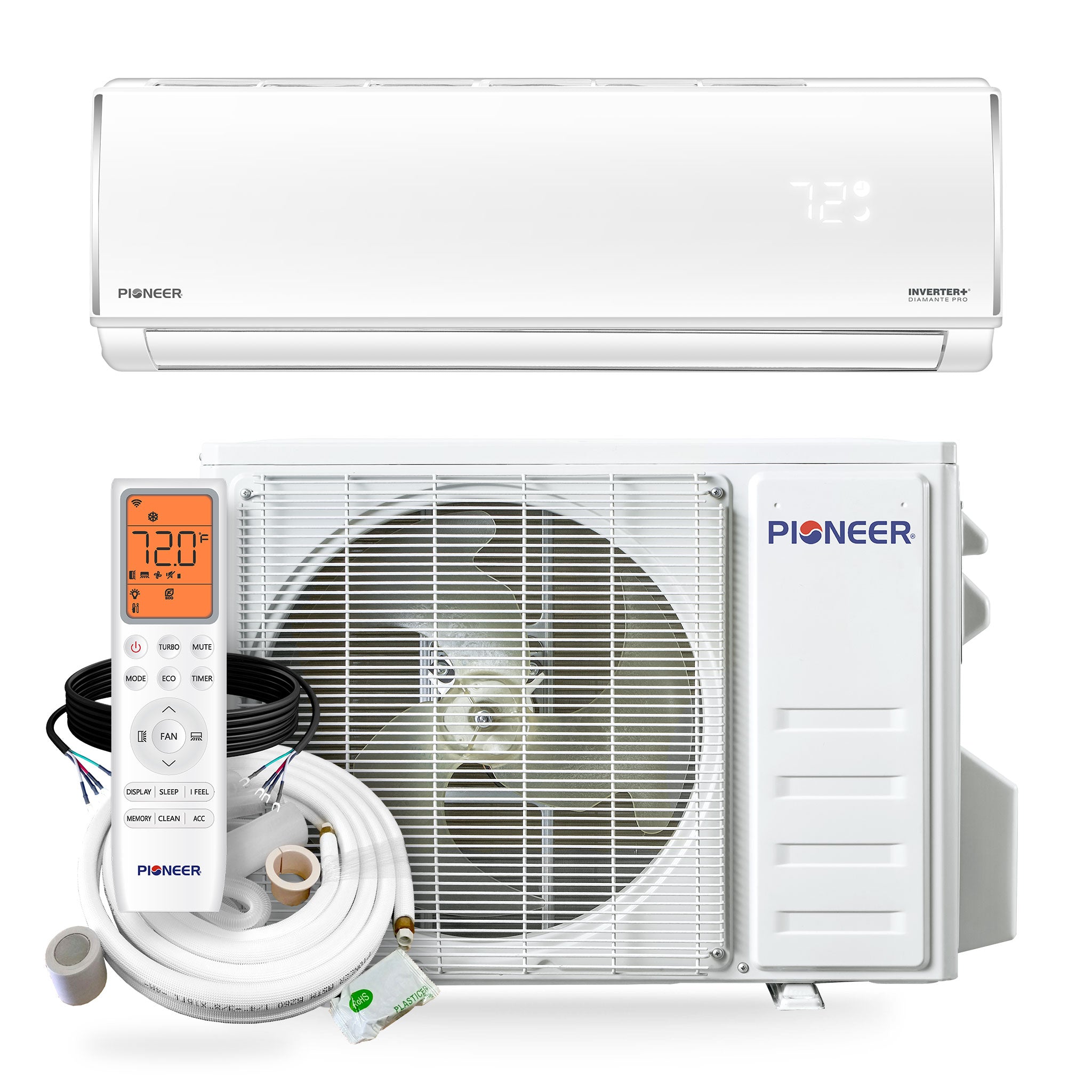 Pioneer Diamante Pro mini-split AC kit with indoor unit, outdoor unit, remote and tubing
