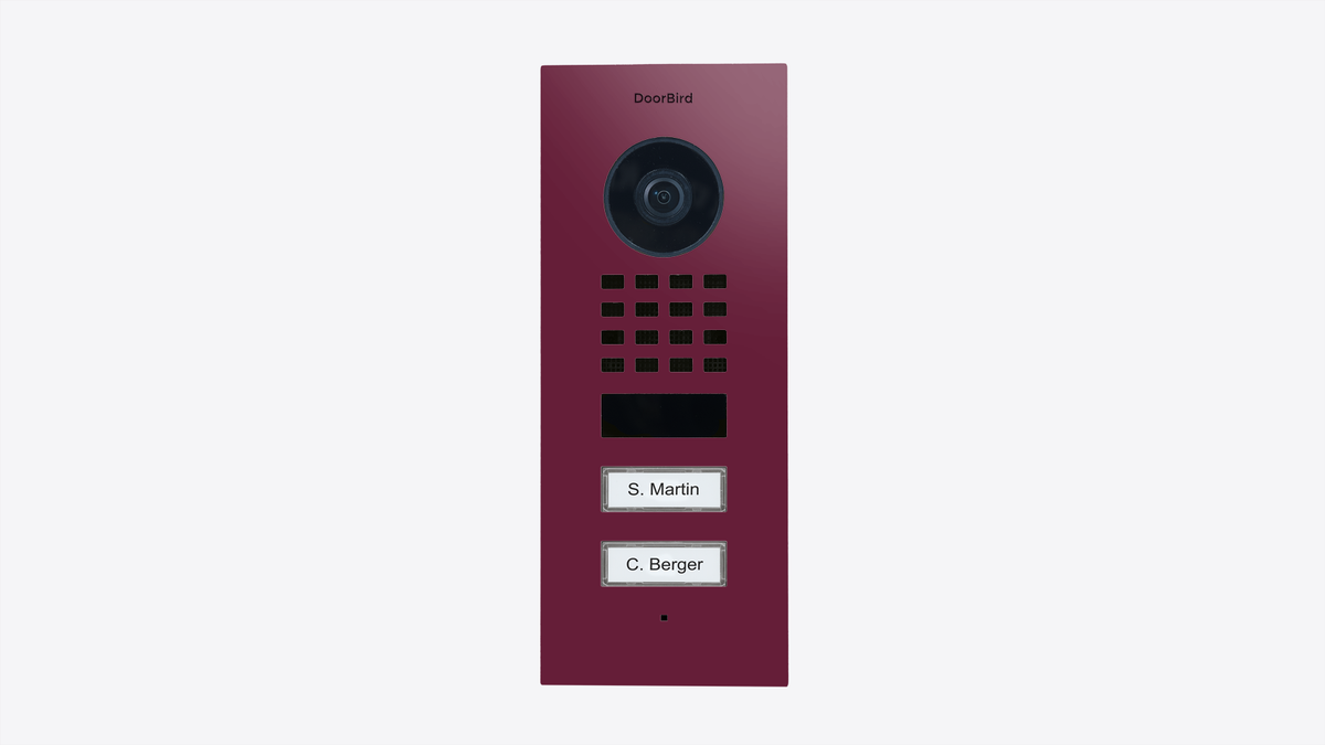 DoorBird flush-mount IP video door station in claret violet, with camera and keypad