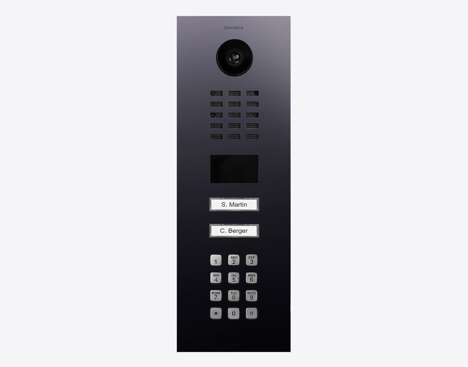 DoorBird IP video door station in titanium finish, camera and two name-keypads