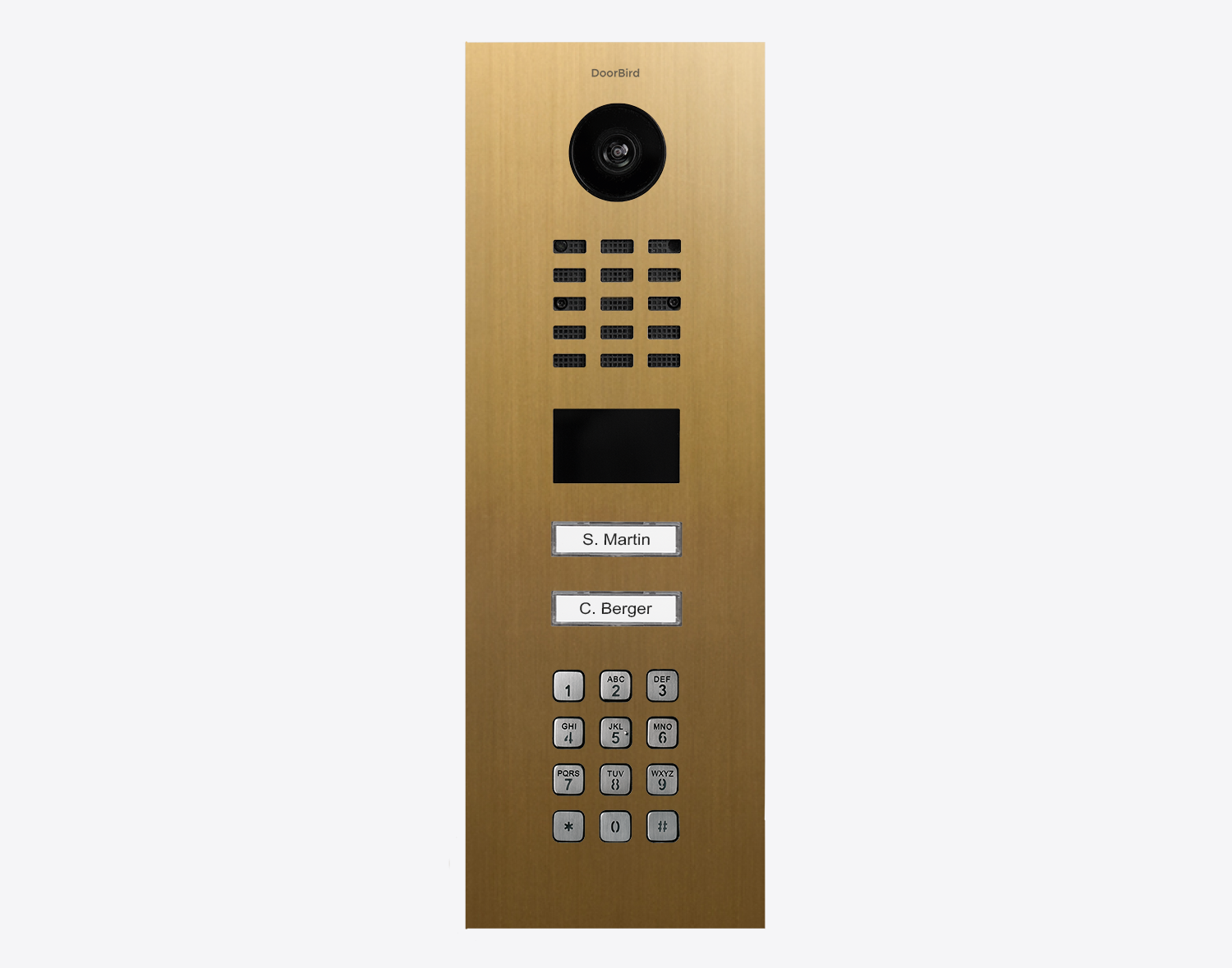 DoorBird IP video door station, gold metal panel, keypad and two call buttons
