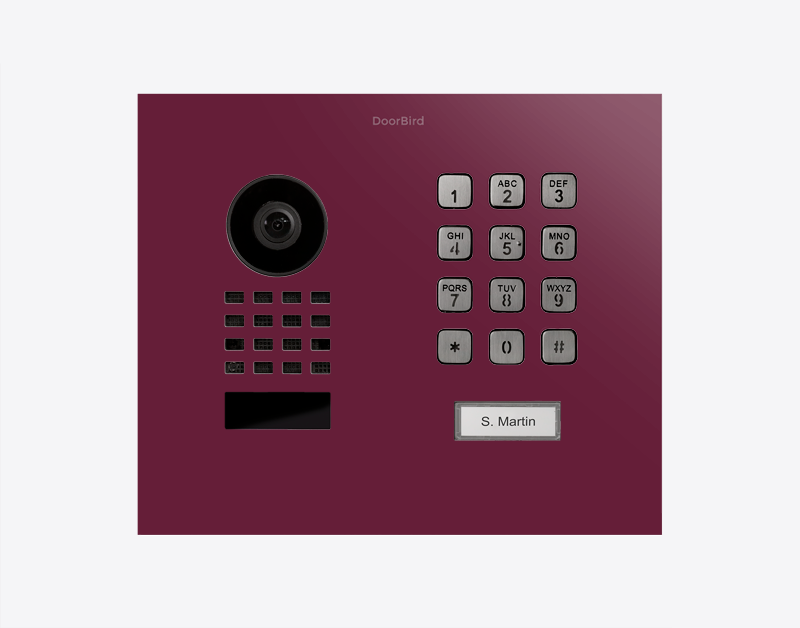 DoorBird flush-mount IP video door station, claret violet panel with keypad and camera