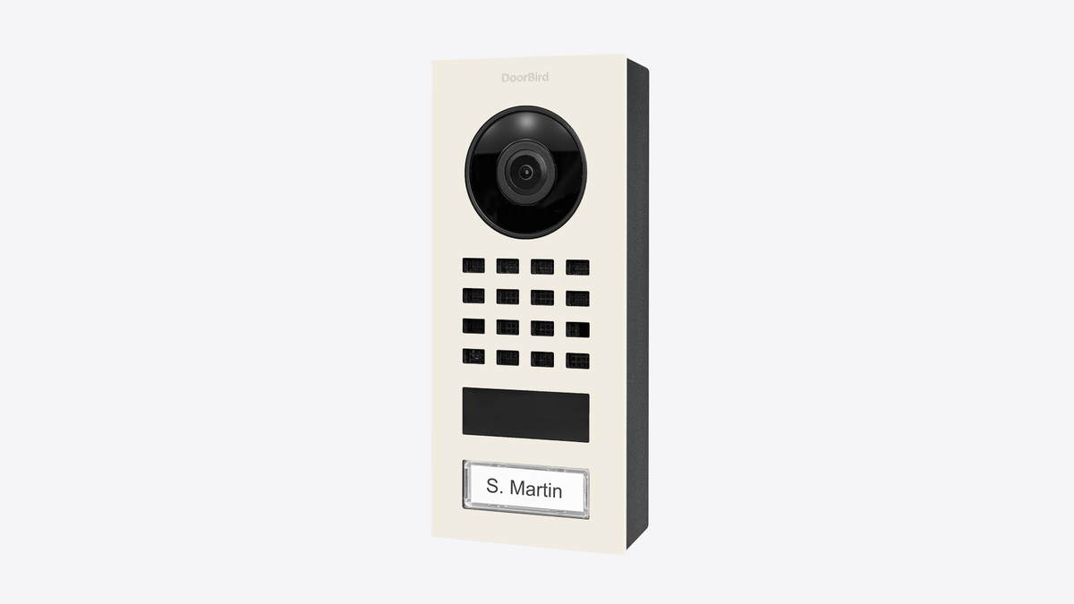 DoorBird white video intercom retail box showing front panel design and name label