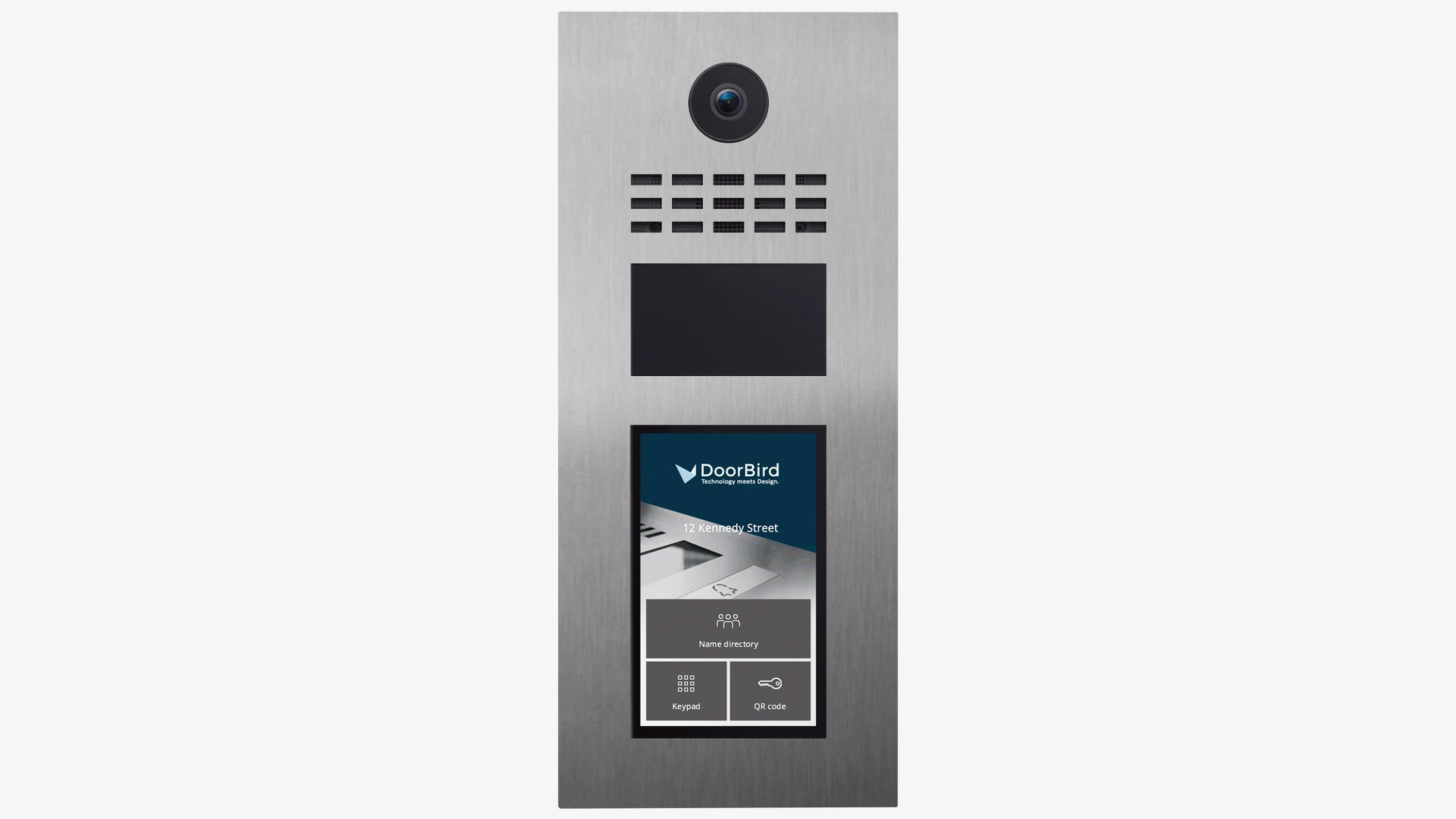 DoorBird IP video intercom with camera lens, speaker grille, and keypad panel