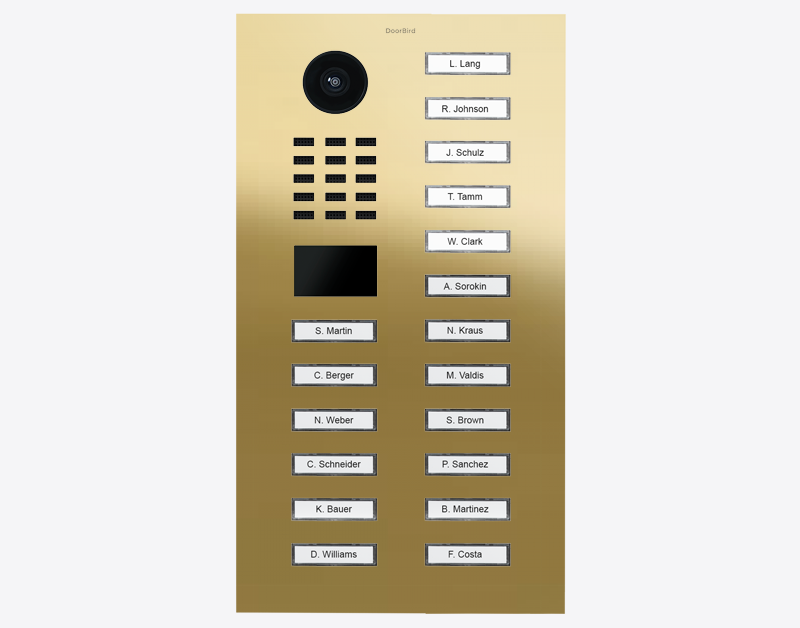 Brass IP video door station with round camera and multiple nameplate call buttons