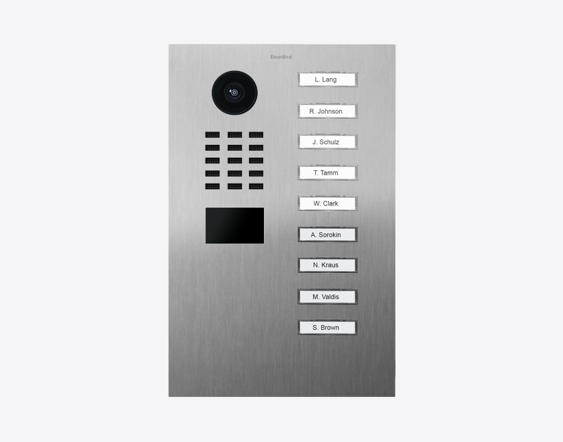 Stainless steel video door station with camera lens and 9 labeled call buttons