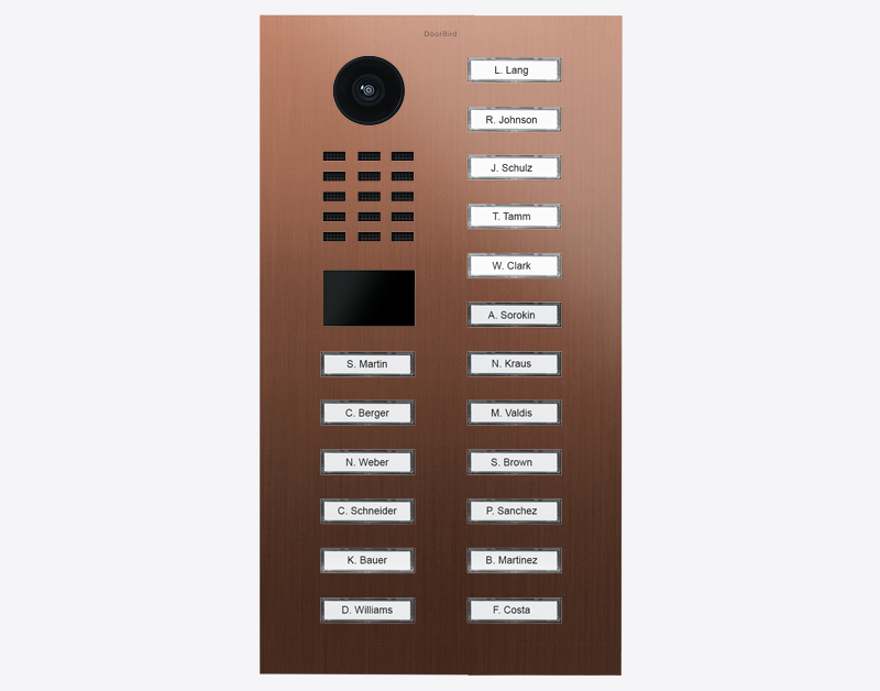Bronze IP video door station with 18 call buttons and built-in camera lens