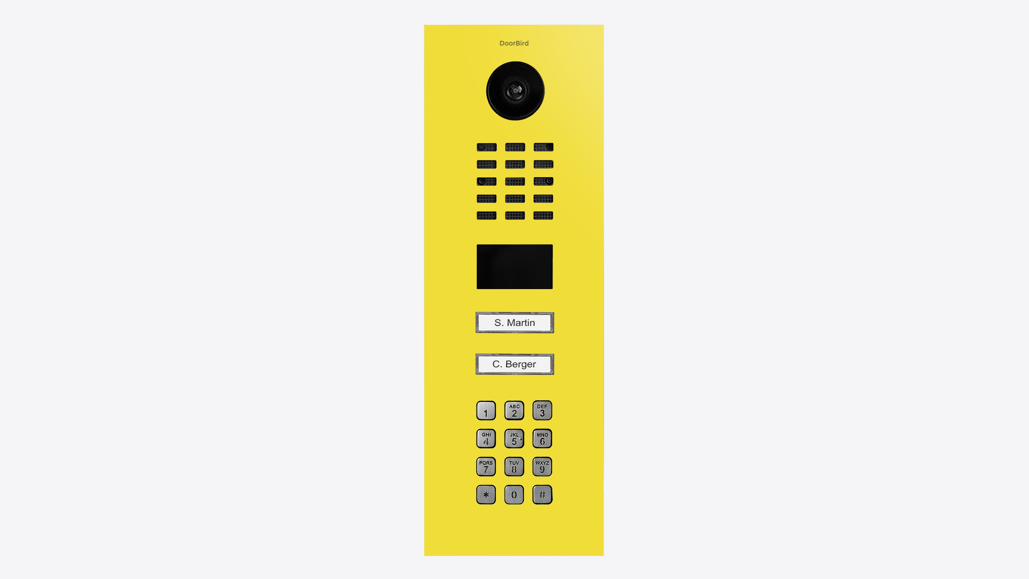 DoorBird IP video door station front in sulfur yellow with camera and number keypad