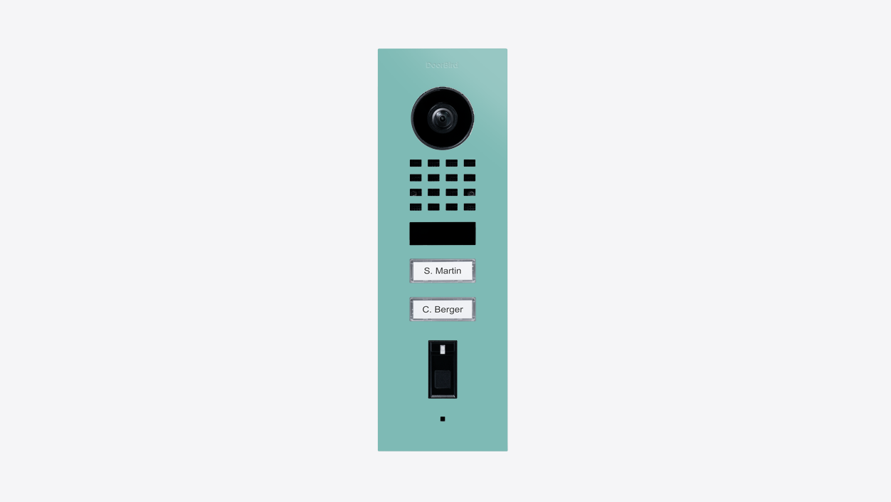 Light green flush-mount IP video door station with camera, keypad, and card slot
