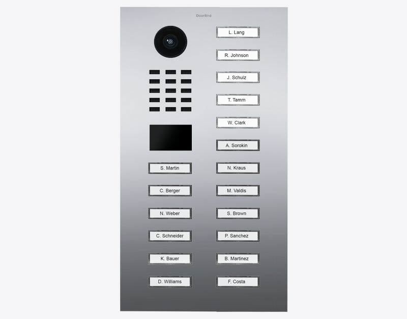 DoorBird IP video door station with camera and 18 call buttons, chrome nameplates