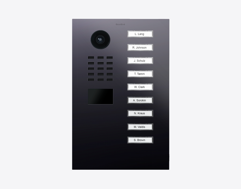 DoorBird IP video door station with 9 call buttons and camera lens, dark titanium