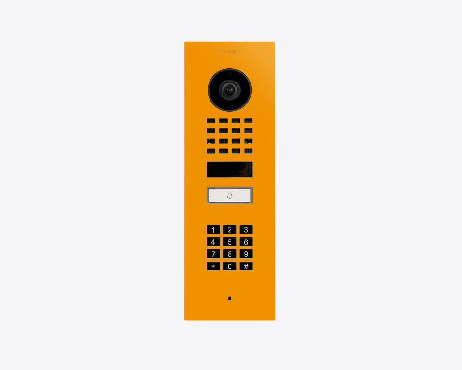 DoorBird flush mount video door station in sun yellow with camera and numeric keypad