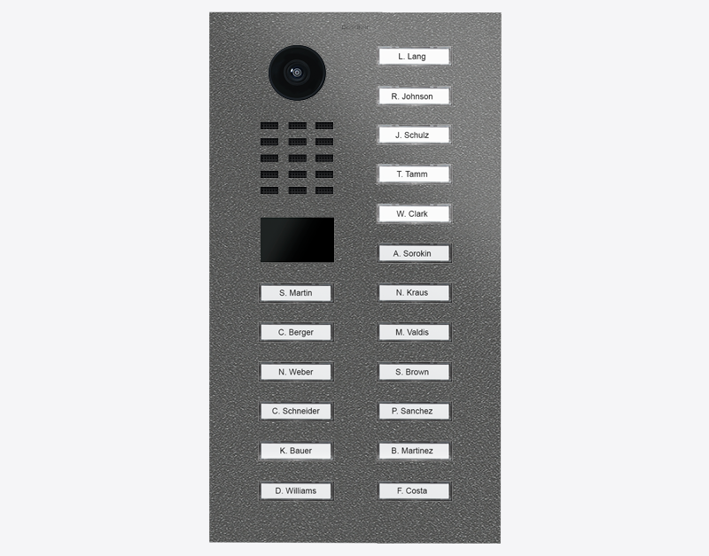 Stainless steel IP video door station with camera lens and 18 call button nameplates
