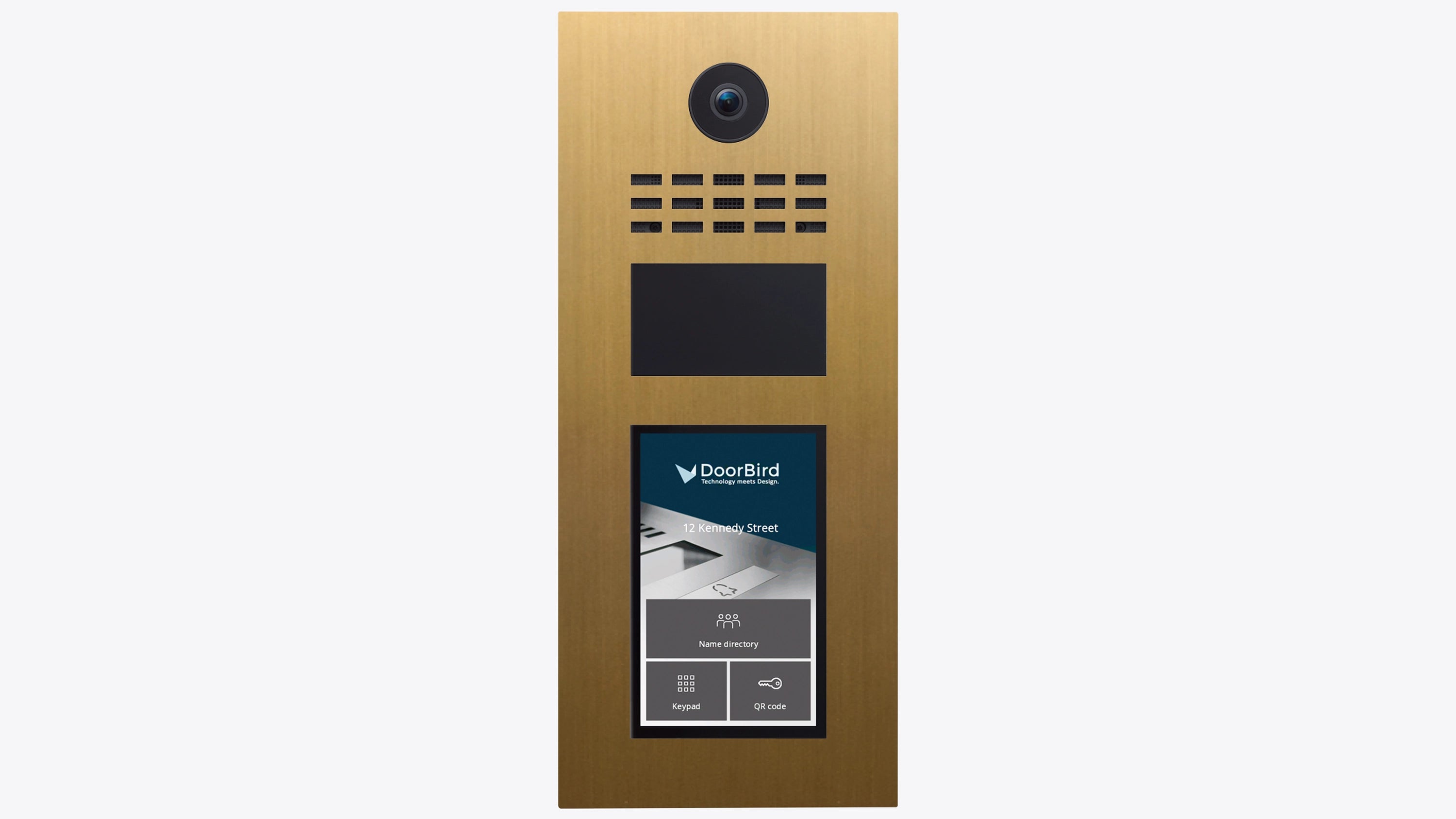 DoorBird video intercom door unit in gold with camera, grille, and display screen