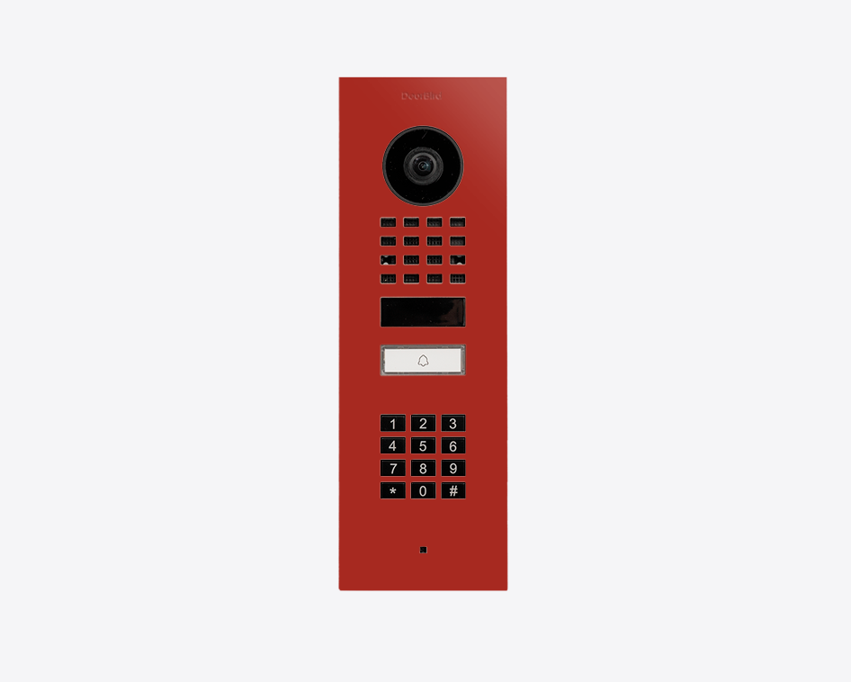 DoorBird flush mount IP video door station, flame red, 1 call button with keypad