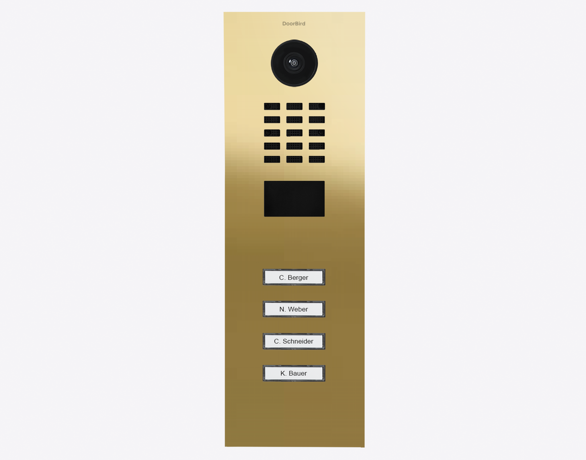 Brass video door station with camera, speaker grille, and 4 labeled buttons