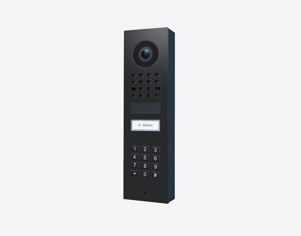 DoorBird graphite black IP video door station with camera lens, keypad, and call button