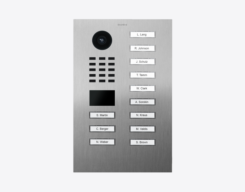 DoorBird stainless steel video door station with camera and 12 name call buttons