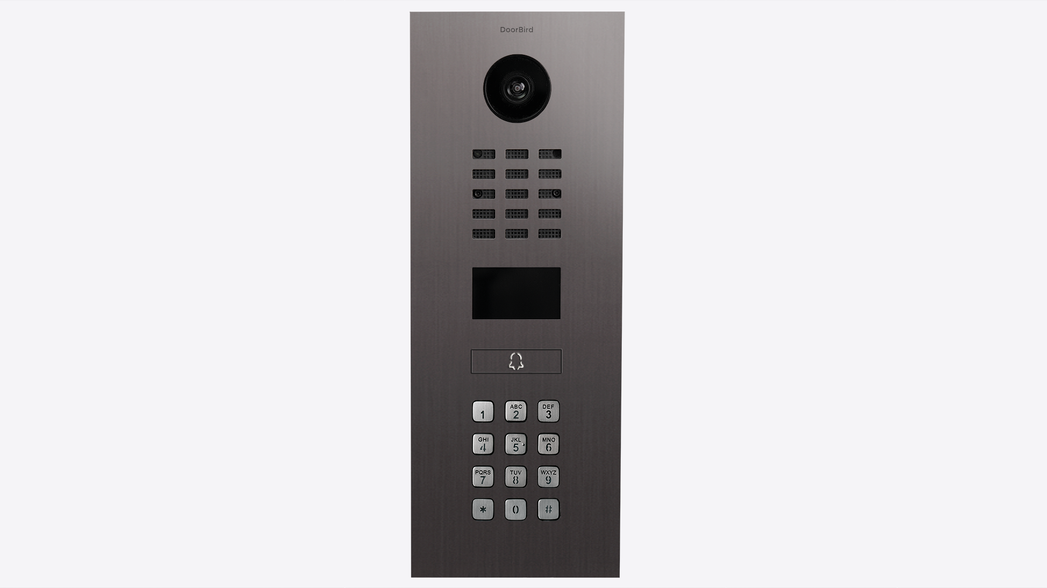 Titanium outdoor IP video intercom panel with camera, speaker grille, and keypad