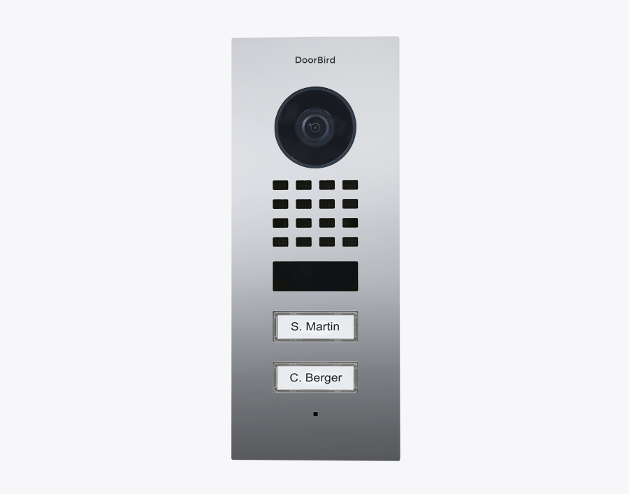 DoorBird flush-mount IP video door station in chrome with camera, keypad and name plates