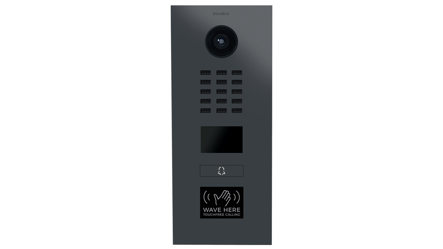 DoorBird D2101TFV flush mount video door station in dark gray stainless steel, camera and call button