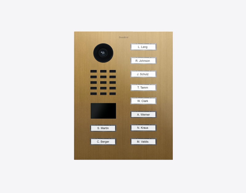 Gold IP video door station with 10 call buttons and camera lens