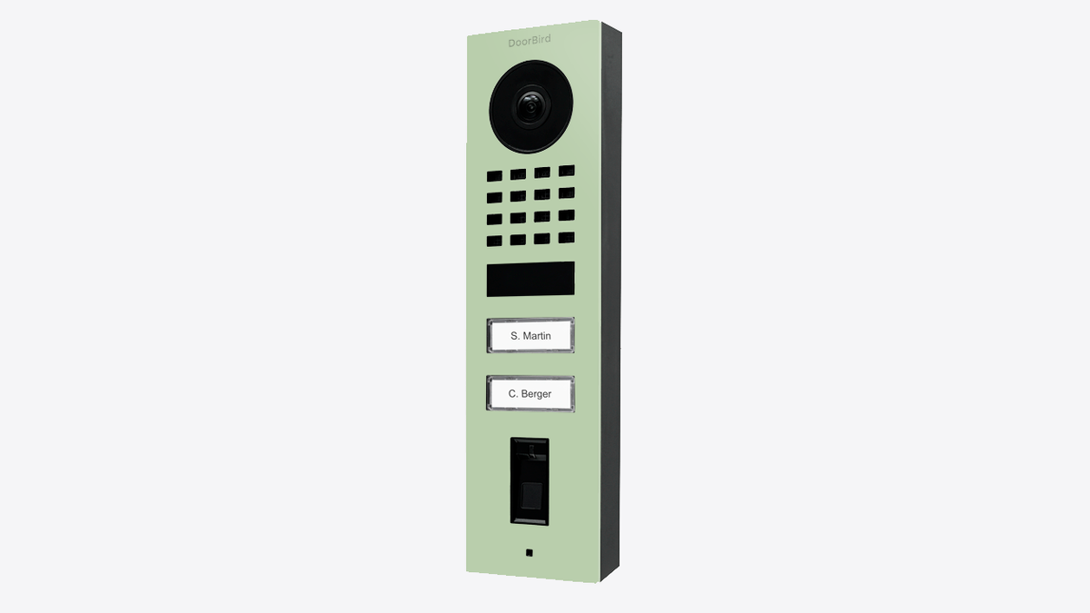 DoorBird pastel green video door station with camera, keypad and call panel