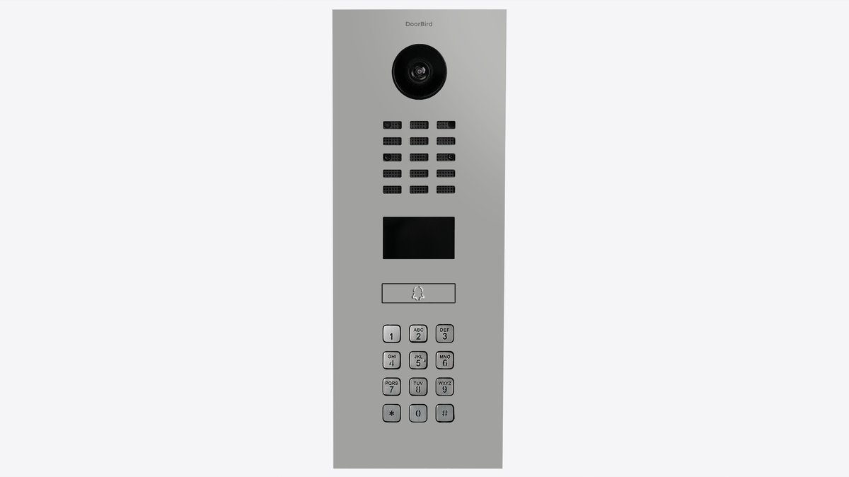 DoorBird IP video door intercom panel with camera lens, keypad, and call button icons