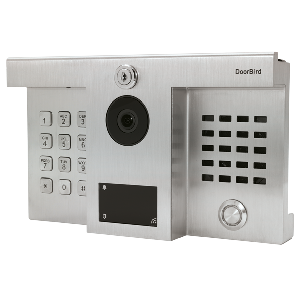DoorBird IP video door station with keypad, camera lens, and metal speaker grille