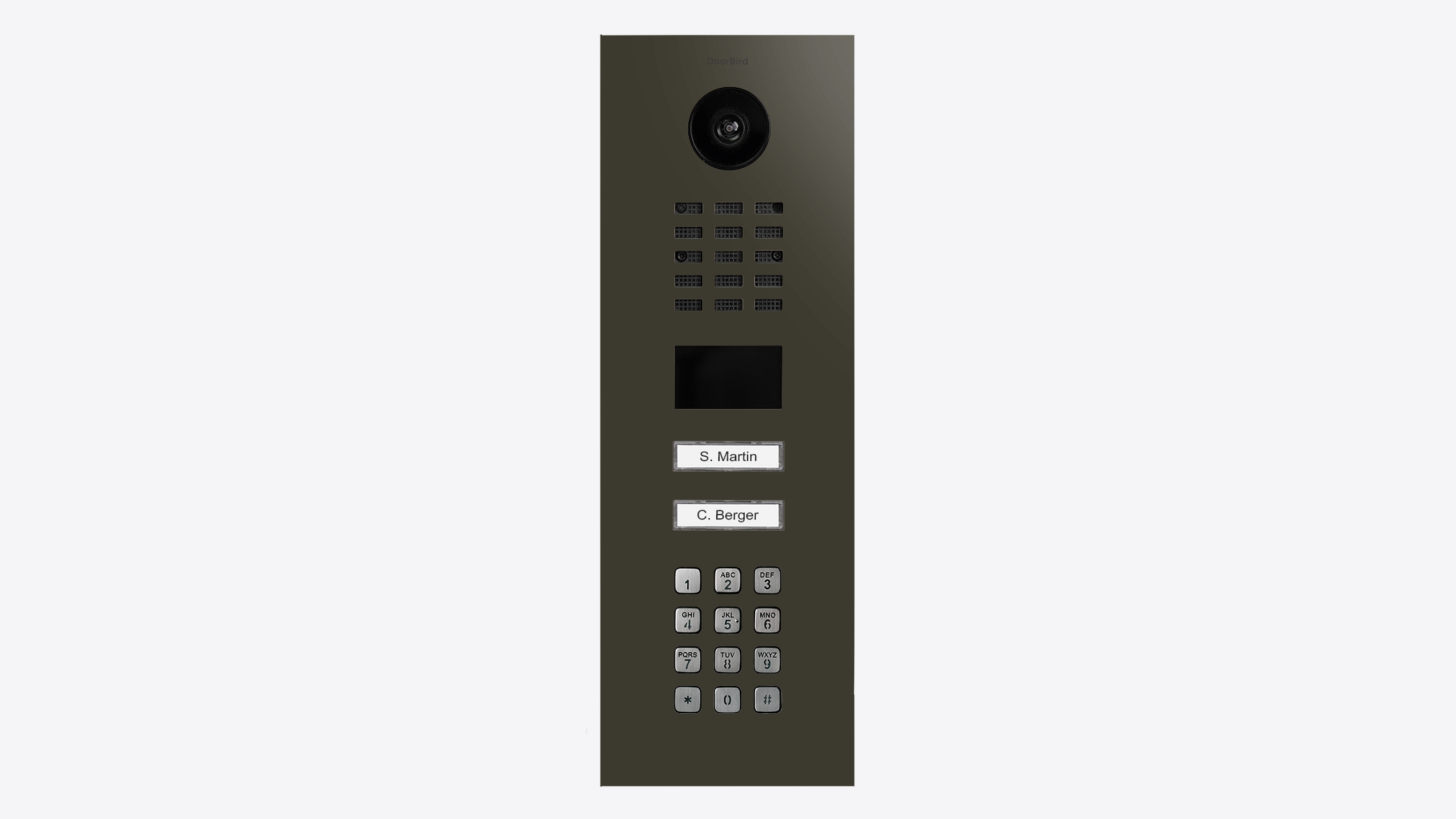 DoorBird grey olive door station panel with camera, keypad, and small screen area